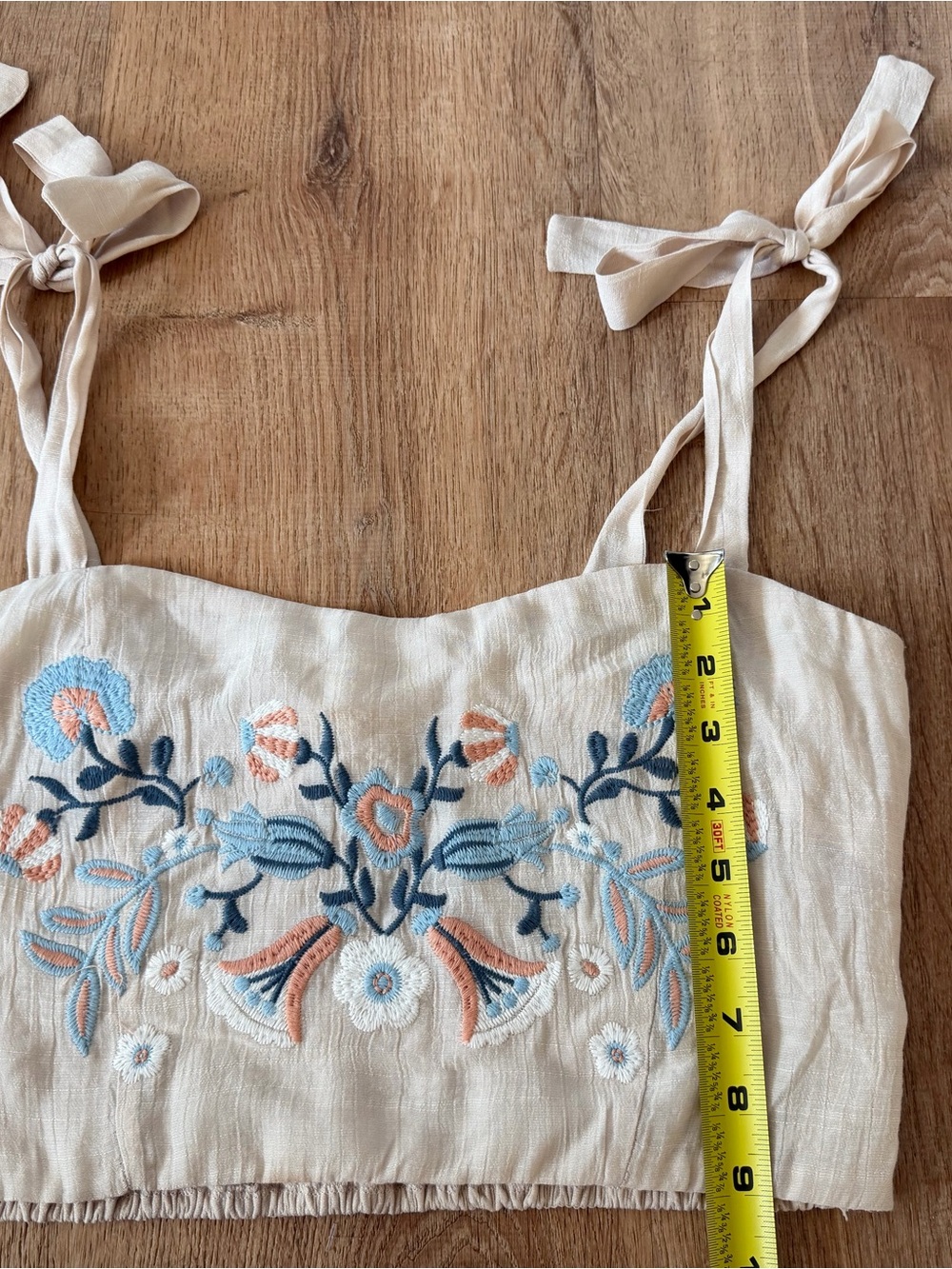 Embroidered Tie-Strap Crop Top in Cream with Blue & Peach Accents - Picture 4 of 5